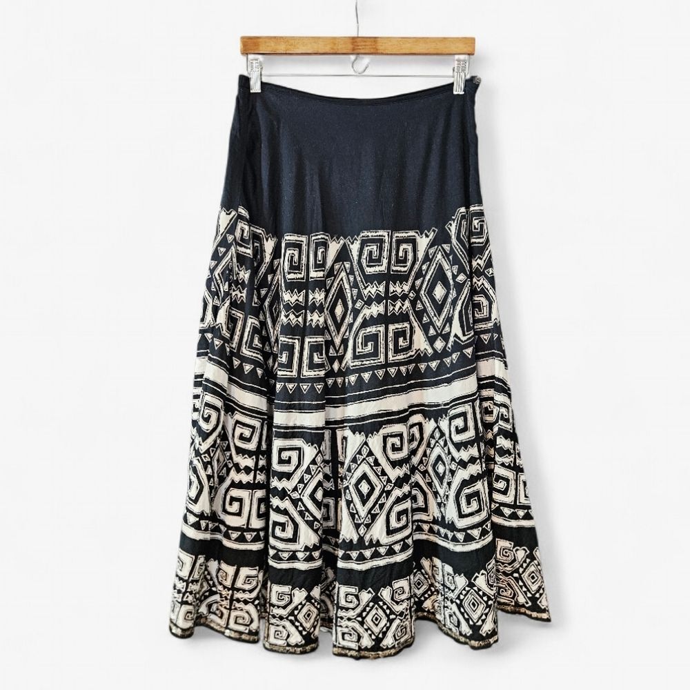 Vintage Chico's Cotton Embroidered Sequined Geometric Pattern Full Midi Skirt 8